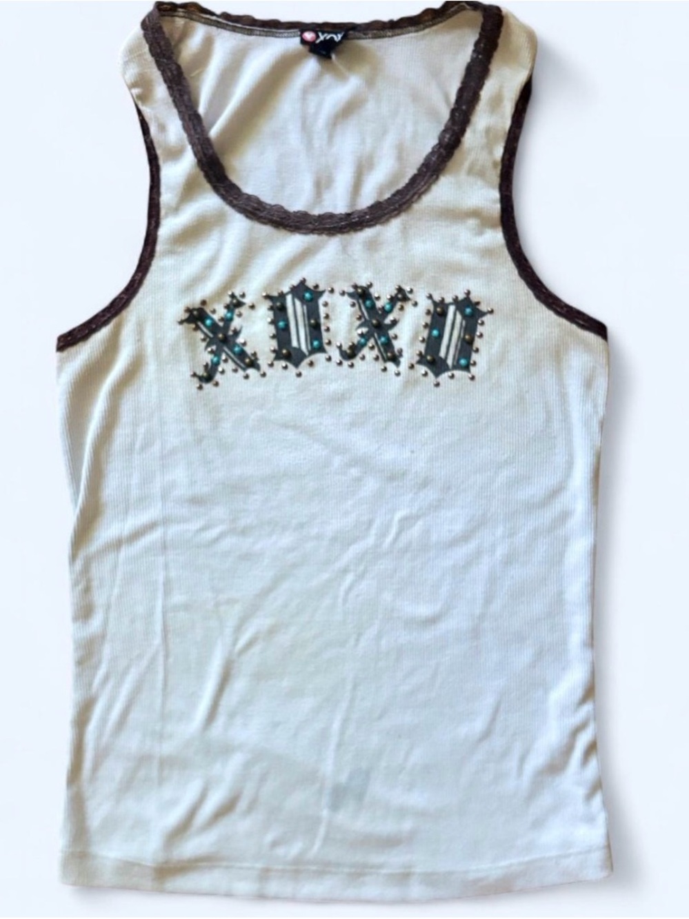 Y2K XOXO Grunge White Ribbed Tank with Studded Design & Lace Trim
